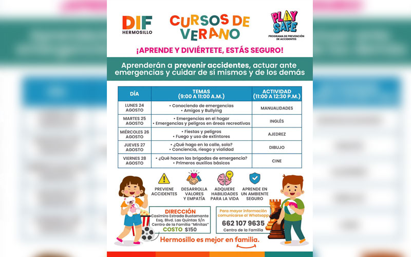 DIF Hermosillo invita a Cursos de Verano sobre prevención de accidentes para niñas y niños